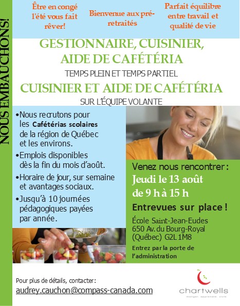 Offres d’emploi dans les cafétérias scolaires
